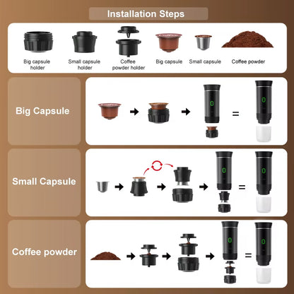 Wireless Electric Portable Espresso Coffee Machine for Car & Home Camping Coffee Maker 3-In-1 Capsule Powder Travel Coffee Maker